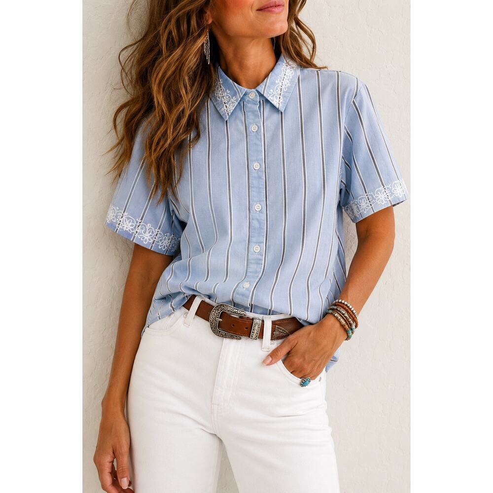 DENIM & CO Blue Striped Embroidered Button Up Shirt Cottagecore Preppy | XXS